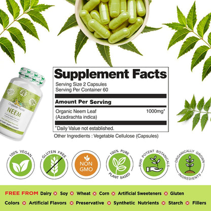 Organic Veda Neem Capsules, 1000mg - Organic Herbal Supplement Made with Ayurvedic India Neem Leaf Powder - Supports Radiant Skin, Immune, Detox, Healthy Inflammatory Response - 120 Veggie Capsules Nirvana Guru