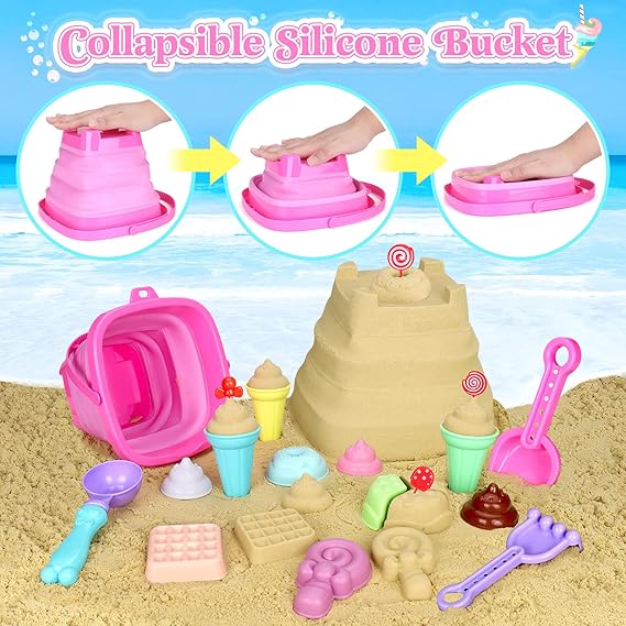Collapsible Beach Toys Set for Kids Toddlers Girls, Collapsible Sand Bucket and Shovels Set with Mesh Bag & Sand Molds, Ice Cream Travel Sand Toys for Beach, Sandbox Toys for Toddlers Kids Age 3-10 nirvanaguru