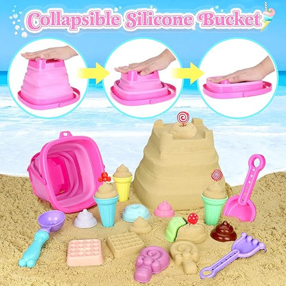 Collapsible Beach Toys Set for Kids Toddlers Girls, Collapsible Sand Bucket and Shovels Set with Mesh Bag & Sand Molds, Ice Cream Travel Sand Toys for Beach, Sandbox Toys for Toddlers Kids Age 3-10 nirvanaguru