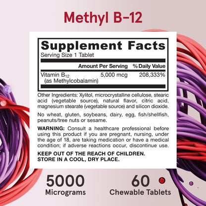 Jarrow Formulas Vitamin B12 5000 mcg - Maximum Strength for Cellular Energy and Brain Health, 60 Cherry Chewable Tablets, B12 Vitamins 5000 mcg - Nirvana Guru