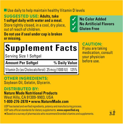 Nature Made Vitamin D3 1000 IU (25 mcg), Dietary Supplement for Bone, Teeth, Muscle and Immune Health Support, 300 Softgels, 300 Day Supply - Nirvana Guru