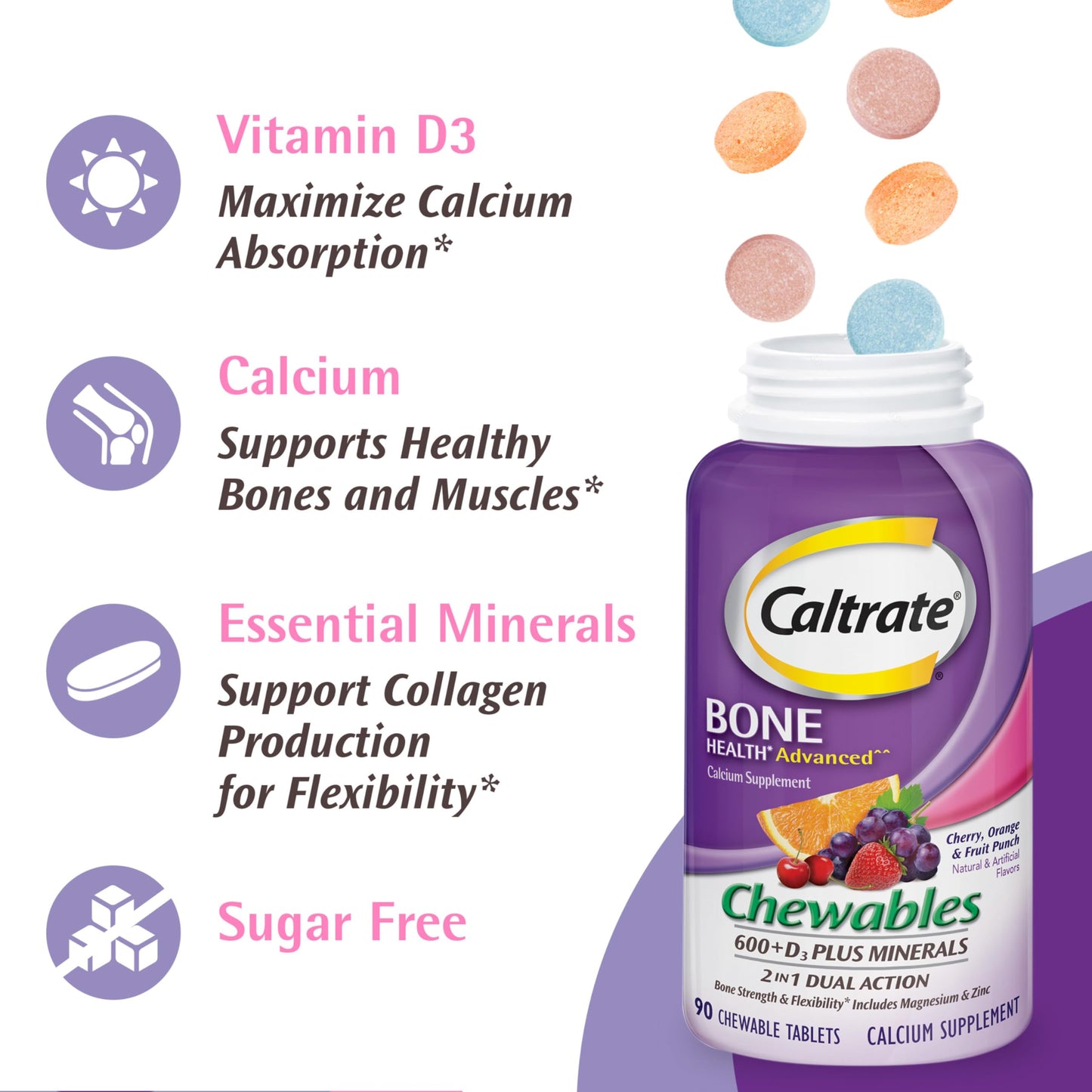 Caltrate Chewables 600 +D3 Plus Minerals Calcium and Vitamin D, Sugar Free, Cherry, Orange and Fruit Punch, 155 count Nirvana Guru