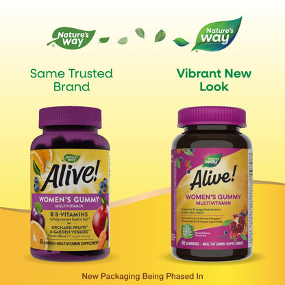 Nature's Way Alive! Women's Daily Gummy Multivitamins, 16 Vitamins & Minerals, Energy Metabolism*, Hair Skin & Nails*, Vegetarian, Mixed Berry Flavored, 150 Gummies (Packaging May Vary) - Nirvana Guru