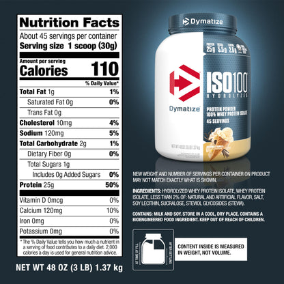 Dymatize ISO100 Whey Protein Powder Isolate, Gourmet Chocolate, 25g of Protein, 20 Servings, 5.5g BCAAs, Less Than 120 Cal., Gluten Free, 1g Fat, 1g Sugar, 2g Carb