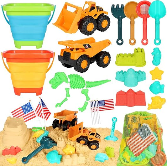 Beach Sand Toys for Kids, 29PCS Sandbox Toys with 2 Collapsible Bucket Sand, 2 Dump Truck, Dinosaur Molds, Castle Building Kit, Shovel Sieve,Flags,Mesh Bag Travel Beach Toys for Toddler 3-10 nirvanaguru
