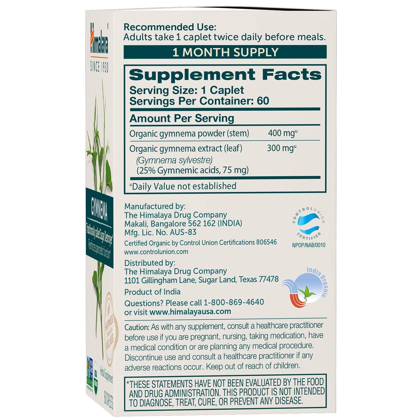 Himalaya Organic Gymnema Sylvestre Herbal Supplement USDA Certified Organic, Non-GMO, 700 mg, 60 Plant-Based Caplets - Nirvana Guru