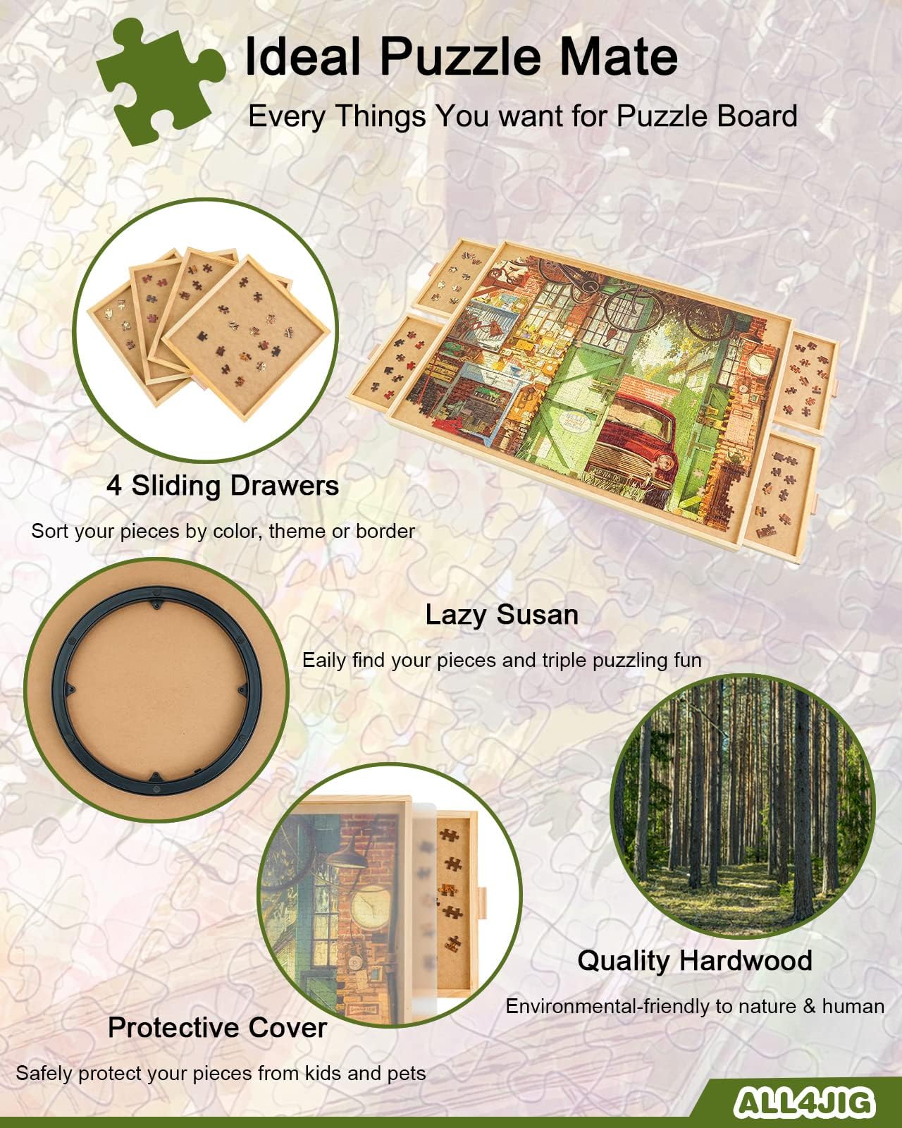 ALL4JIG 1500 Piece Rotating Puzzle Board with Drawers and Cover,25"x34"Portable Wooden Jigsaw Puzzle Table for Adults Portable,Lazy Susan Spinning Puzzle Boards Birthday Gift for mom Nirvana Guru