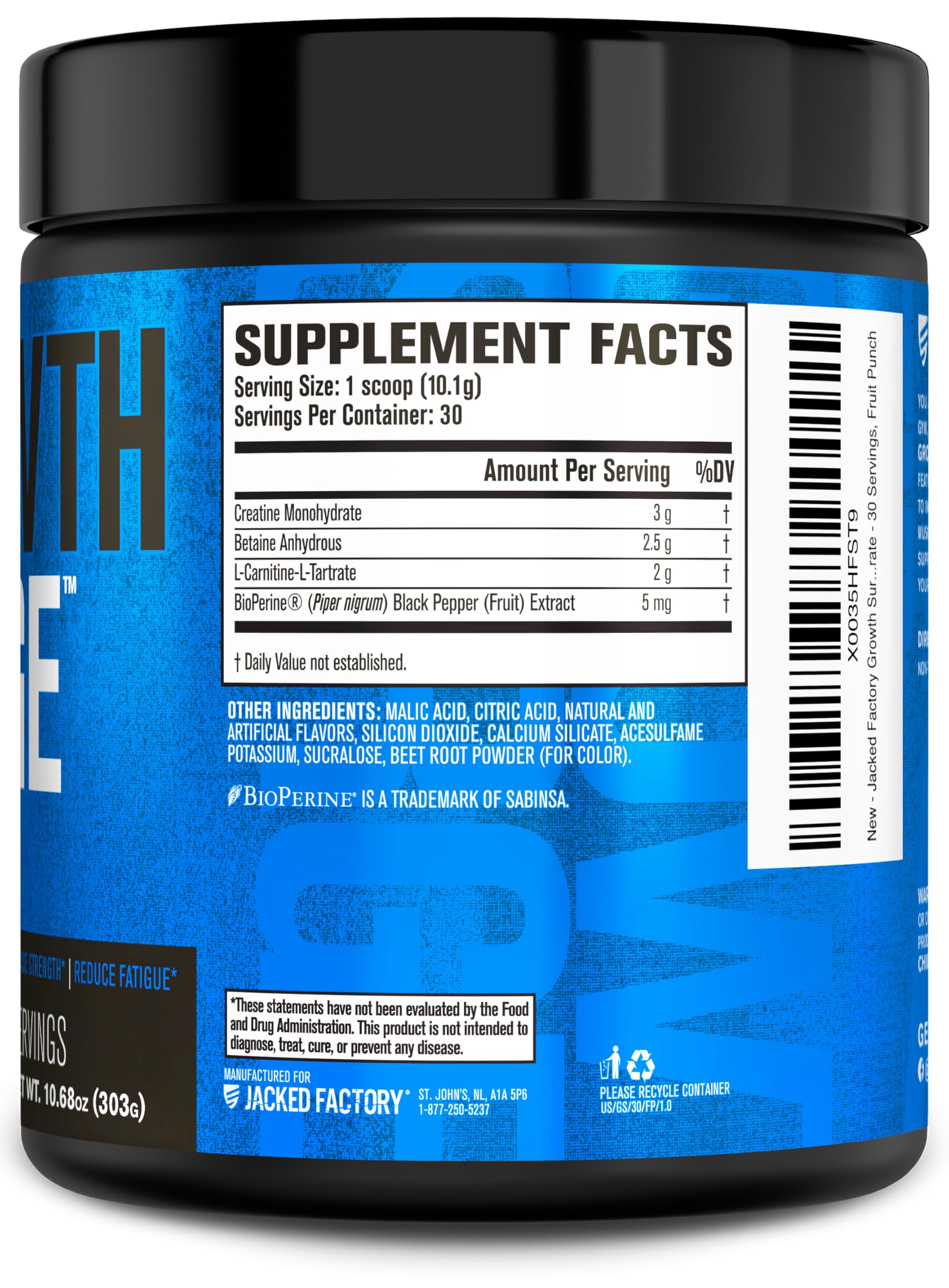 Jacked Factory Growth Surge Creatine Post Workout w/L-Carnitine - Daily Muscle Builder & Recovery Supplement with Creatine Monohydrate, Betaine, L-Carnitine L-Tartrate - 30 Servings, Swoleberry Nirvana Guru