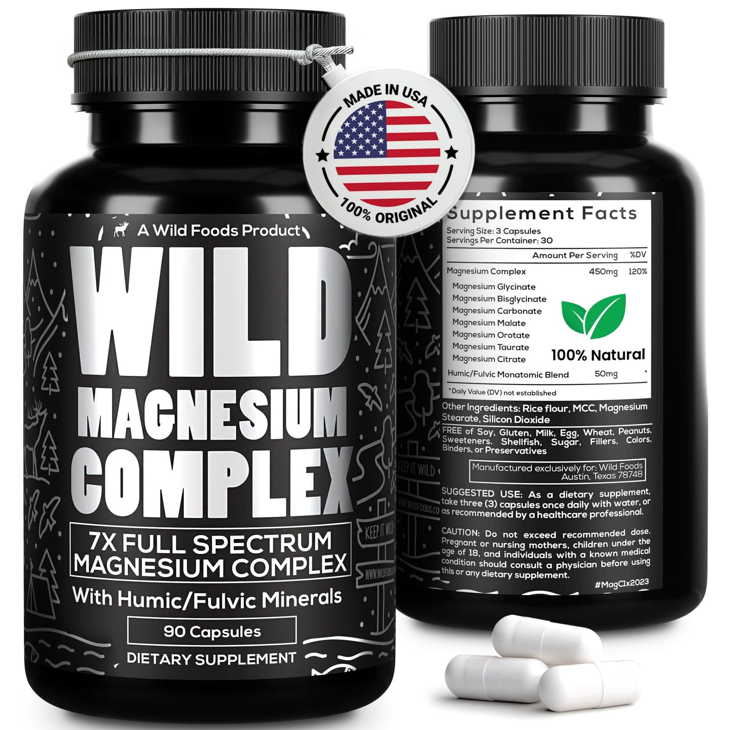 Wild Foods Magnesium Complex Supplement with 7X Forms, 90 Capsules | High Absorption, Full Spectrum, Easy Digestion | 500mg Glycinate, Bisglycinate, Malate, Orotate, Citrate, Taurate Nirvana Guru