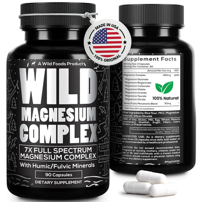 Wild Foods Magnesium Complex Supplement with 7X Forms, 90 Capsules | High Absorption, Full Spectrum, Easy Digestion | 500mg Glycinate, Bisglycinate, Malate, Orotate, Citrate, Taurate Nirvana Guru