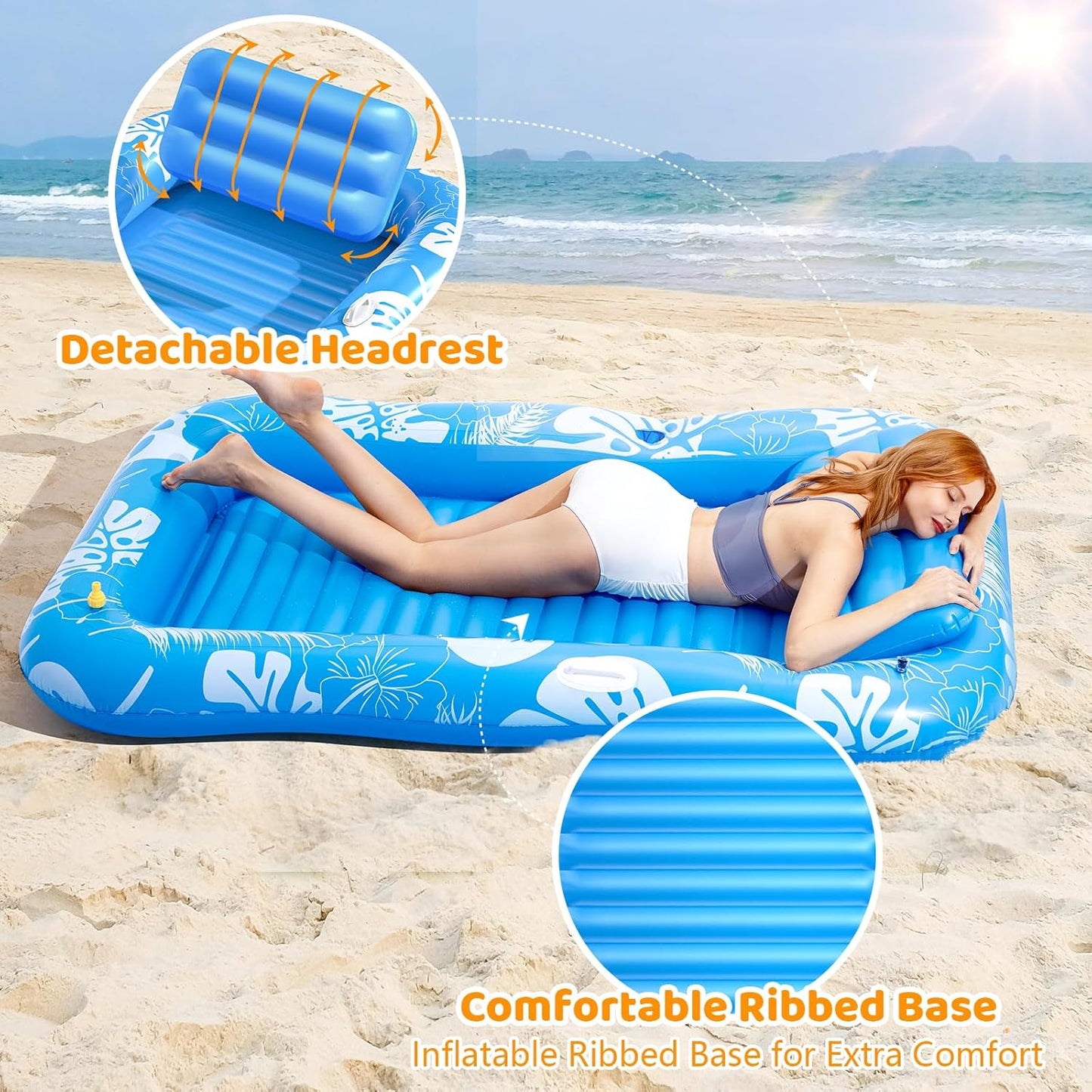 Inflatable Tanning Pool Lounger Float with Sprinkler, 77" x 48" Pool Floats Adult with Pillow, 6 in 1 Suntan Tub Raft Floatie with Drink Holder Sunbathing Water Lounge Nirvana Guru