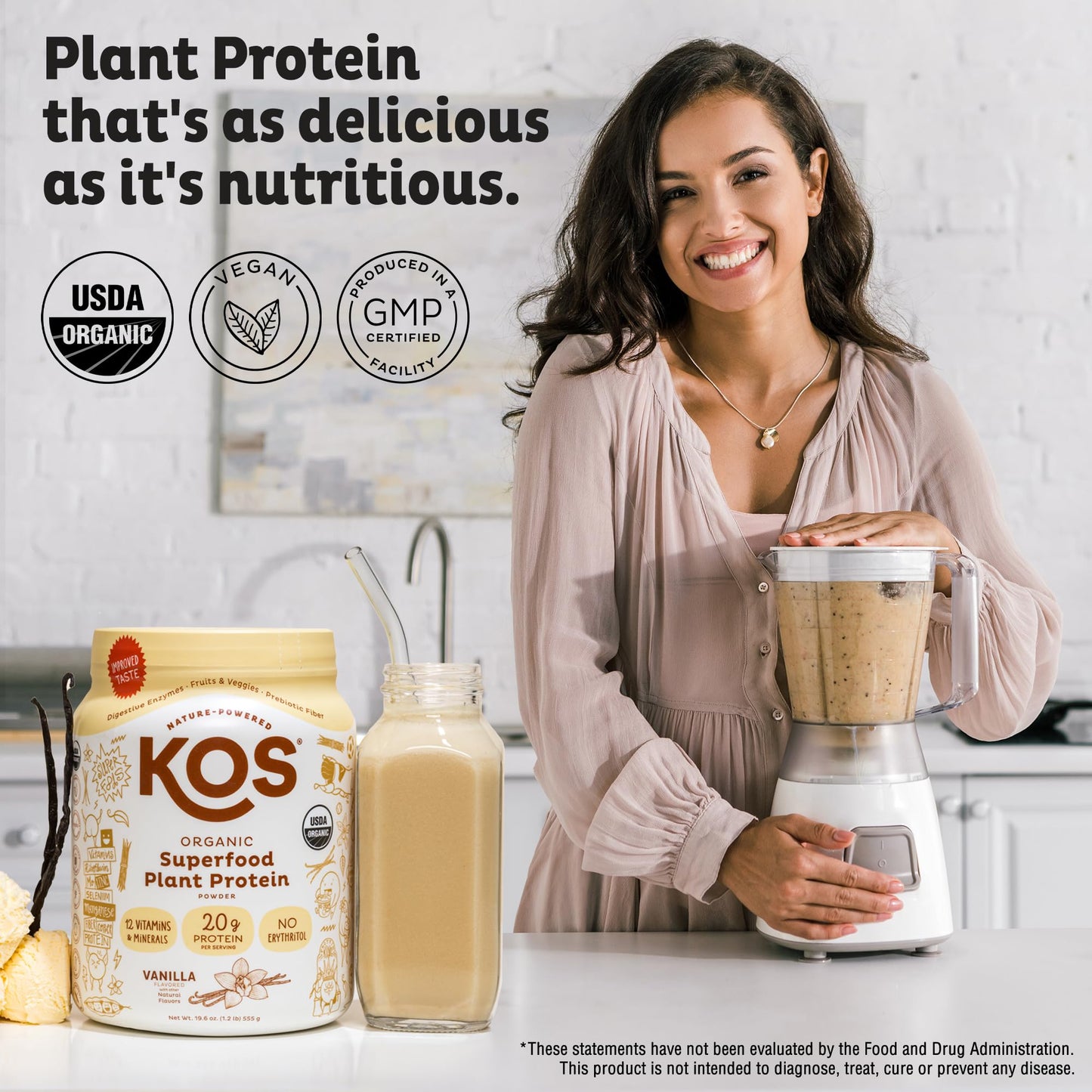 KOS Vegan Protein Powder Erythritol Free, Vanilla USDA Organic - Pea Protein Blend, Plant Based Superfood Rich in Vitamins & Minerals - Keto, Dairy Free - Meal Replacement for Women & Men, 28 Servings - Nirvana Guru