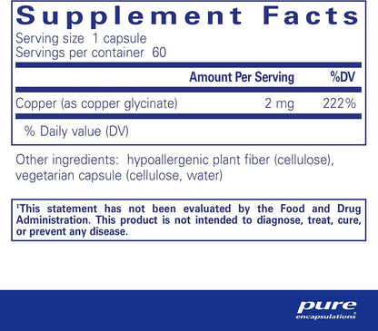 Pure Encapsulations Copper Glycinate 60's - 2 mg Copper Supplement, Supports Red Blood Cell Formation* - Aids Energy Metabolism - Non-GMO & Vegan - 60 Capsules - Nirvana Guru