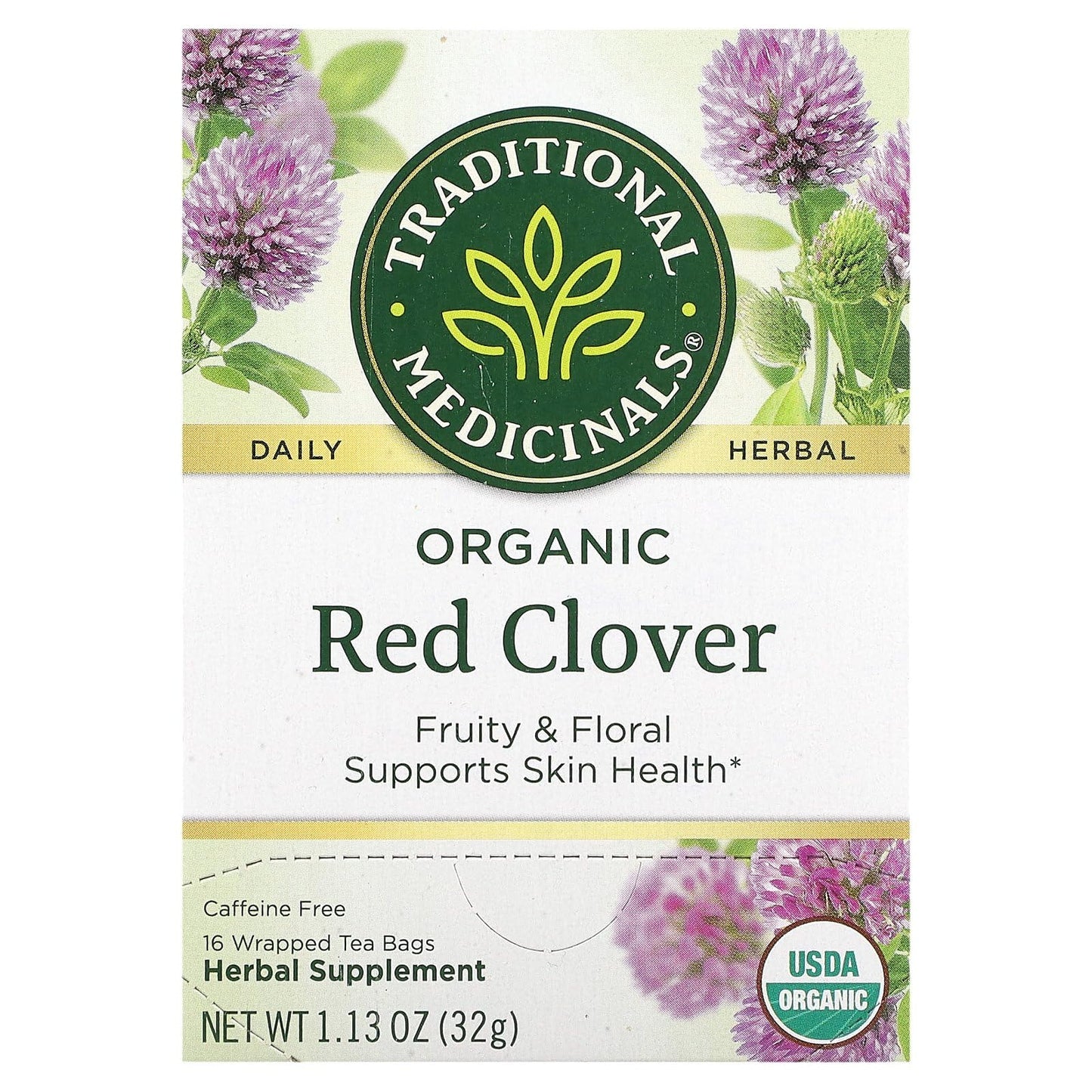 Traditional Medicinals Organic Red Clover, Caffeine Free, 16 Wrapped Tea Bags, 1.13 oz (32 g) - Nirvana Guru
