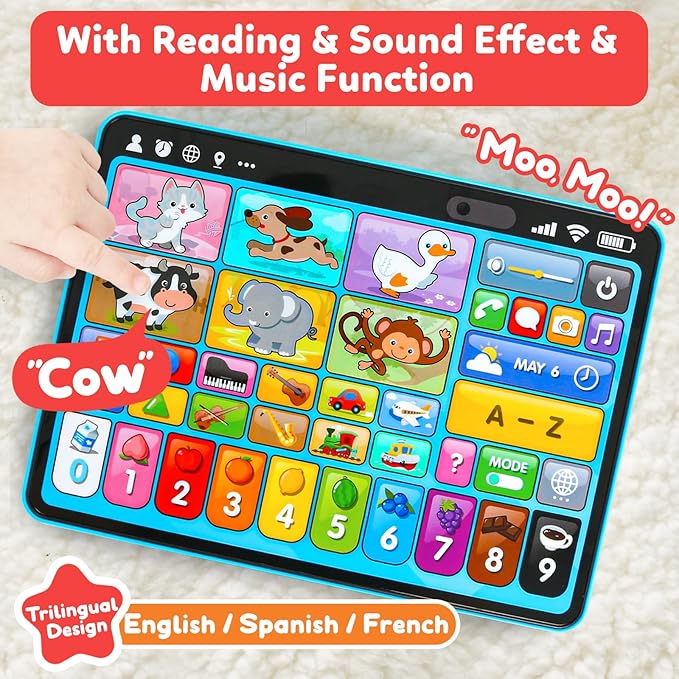 Trilingual Learning Toy Tablet with Music & Sound, Montessori Speech Musical Therapy Toys, Gifts for Boy, Girl, Baby, Toddler, for Age 1, 2, 3 Year Old (12-18 Months) nirvanaguru
