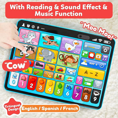 Trilingual Learning Toy Tablet with Music & Sound, Montessori Speech Musical Therapy Toys, Gifts for Boy, Girl, Baby, Toddler, for Age 1, 2, 3 Year Old (12-18 Months) nirvanaguru