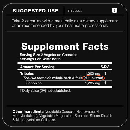 Tribulus Terrestris for Men - Ultra High Potency 25:1 Extract with 95% Saponins - 1300mg Pure & Concentrated Formula - Third-Party Lab Tested for Purity & Quality - 120 Capsules Nirvana Guru