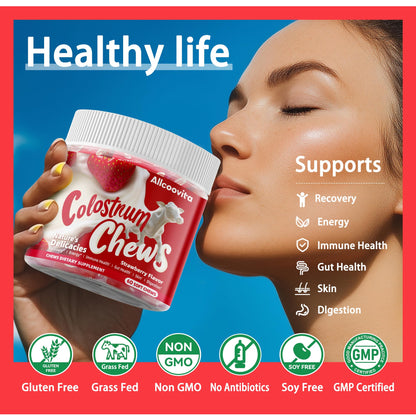 Bovine Colostrum Chews Supplement with probiotics for Gut Health, Bloating, Immune Support, Skin, Hair Growth and Beauty - Strawberry Flavor (60 Servings) Nirvana Guru
