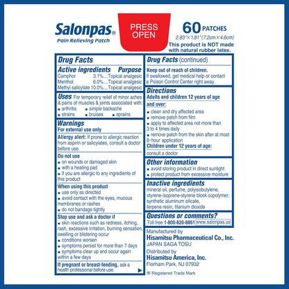 Salonpas Pain Relieving Patch for Back, Neck, Shoulder, Knee Pain and Muscle Soreness - 8 Hour Pain Relief - 60 Count