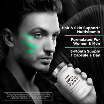 Amen Biotin Collagen Vitamins+ 10,000 mcg Biotin Supplement - Hydrolyzed Collagen, Vitamins C & E, Folate, Hyaluronic Acid, Keratin, MSM, Saw Palmetto - 3-Month Supply - Non-GMO - 90 Capsules Nirvana Guru