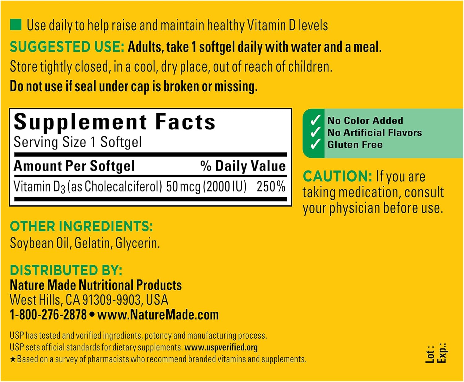 Nature Made Vitamin D3 2000 IU (50 mcg), Dietary Supplement for Bone, Teeth, Muscle and Immune Health Support, 250 Softgels, 250 Day Supply - Nirvana Guru