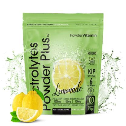 PowerVitamin Lemonade Electrolytes Powder No Sugar for Daily Energy - Keto Electrolytes - Hydration Powder with 1000mg Potassium, 120mg Calcium, Magnesium, Organic Vitamin C, 100 Servings