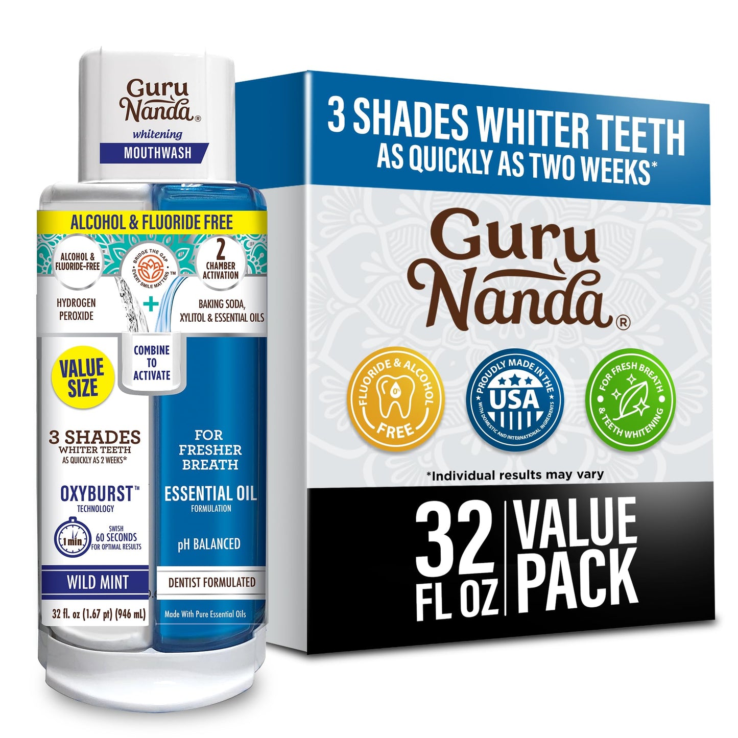 GuruNanda Teeth Whitening Dual Barrel Oxyburst Mouthwash - Alcohol & Fluoride Free, Hydrogen Peroxide to Promote Whiter Teeth - Wild Mint - 20 Fl Oz Nirvana Guru
