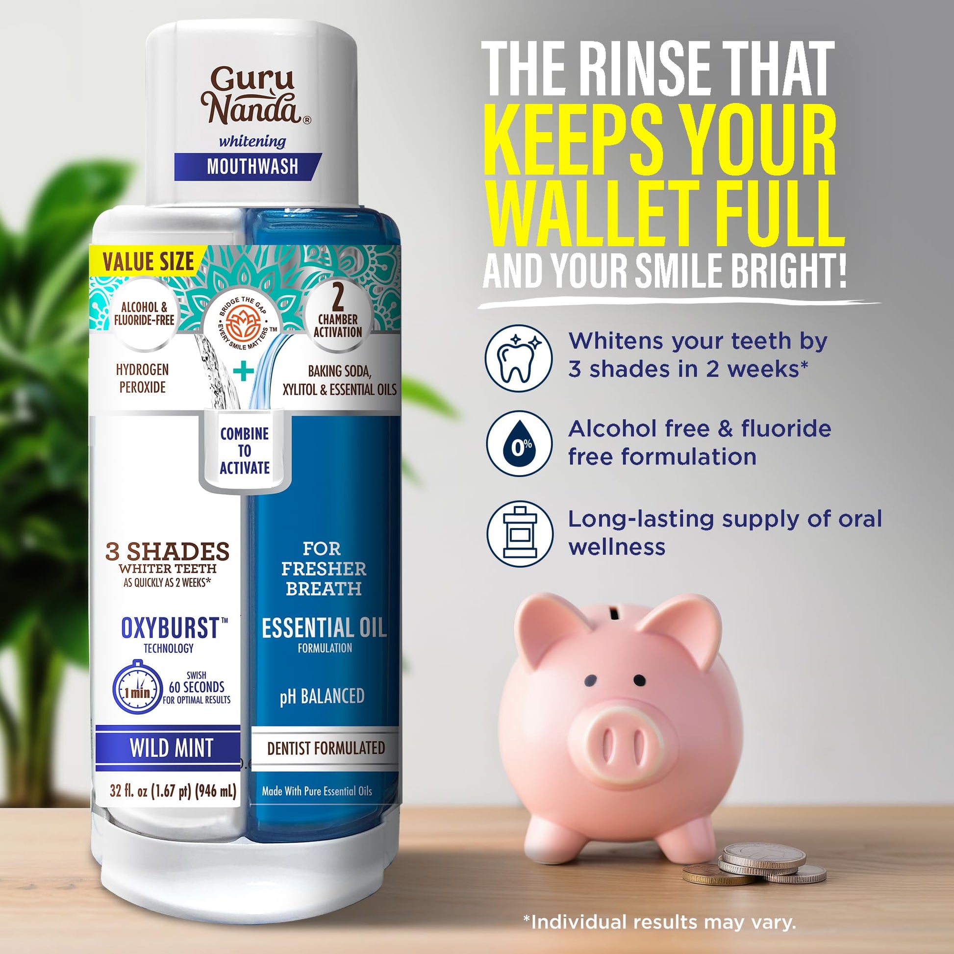 GuruNanda Teeth Whitening Dual Barrel Oxyburst Mouthwash - Alcohol & Fluoride Free, Hydrogen Peroxide to Promote Whiter Teeth - Wild Mint - 20 Fl Oz Nirvana Guru