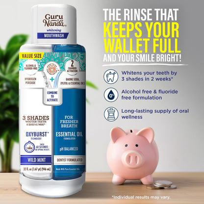 GuruNanda Teeth Whitening Dual Barrel Oxyburst Mouthwash - Alcohol & Fluoride Free, Hydrogen Peroxide to Promote Whiter Teeth - Wild Mint - 20 Fl Oz Nirvana Guru