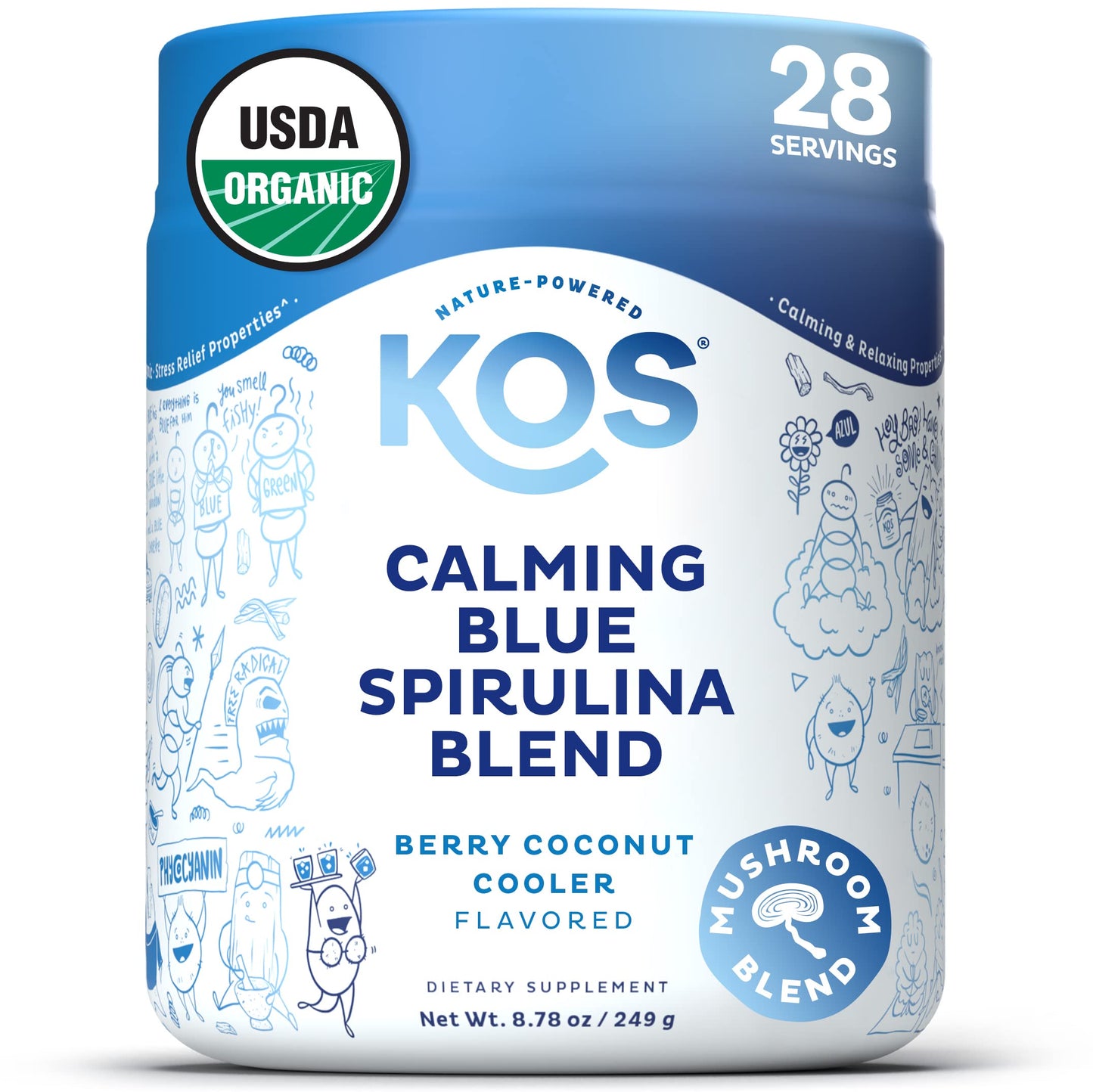 KOS Calming Blue Spirulina Blend- USDA Certified Organic - Algae Superfood Powder with Ashwagandha Root, Lemon Balm, Reishi Mushroom, B Vitamins - Berry Coconut Cooler Flavor, 28 Servings - Nirvana Guru