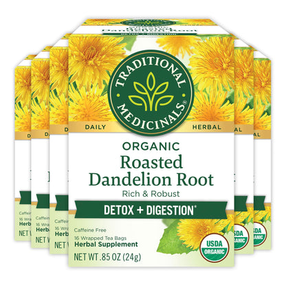 Traditional Medicinals Tea, Organic Roasted Dandelion Root, Supports Kidney Function & Healthy Digestion, 96 Tea Bags (6 Pack) - Nirvana Guru