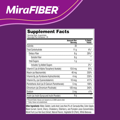 MiraFIBER Gummies, From The Gut Experts at MiraLAX, 8g of Daily Prebiotic Fiber with B Vitamins to Support Digestive Health and Metabolism, Fruit Flavored Fiber Gummies, 72 Count