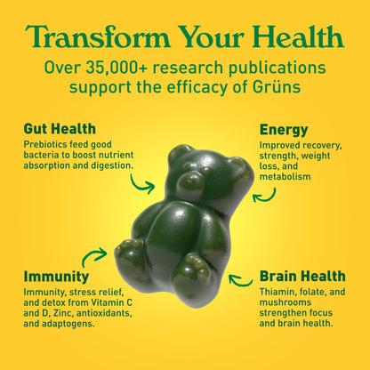 Gruns Adults Super Greens Gummies, Multivitamin Superfood Gummy Bears with Spirulina, Chlorella, Prebiotics & Fiber for Digestive Health, Adaptogens Supplement with 20 Vitamins & Minerals, 28 Count