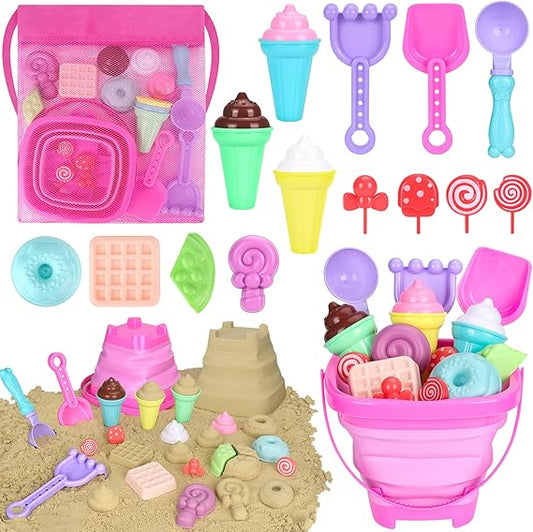 Collapsible Beach Toys Set for Kids Toddlers Girls, Collapsible Sand Bucket and Shovels Set with Mesh Bag & Sand Molds, Ice Cream Travel Sand Toys for Beach, Sandbox Toys for Toddlers Kids Age 3-10 nirvanaguru