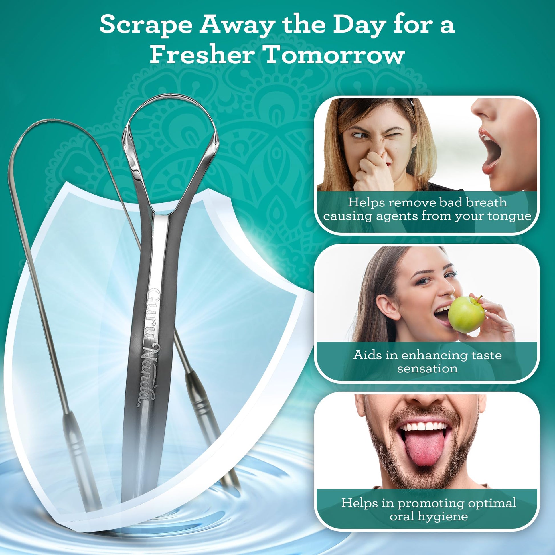 GuruNanda Tongue Scraper for Adults (2 Pack) with Travel Case, 420 Medical-Grade 100% Stainless Steel Tongue Cleaner, Aids in Fresh Breath & Oral Care Nirvana Guru