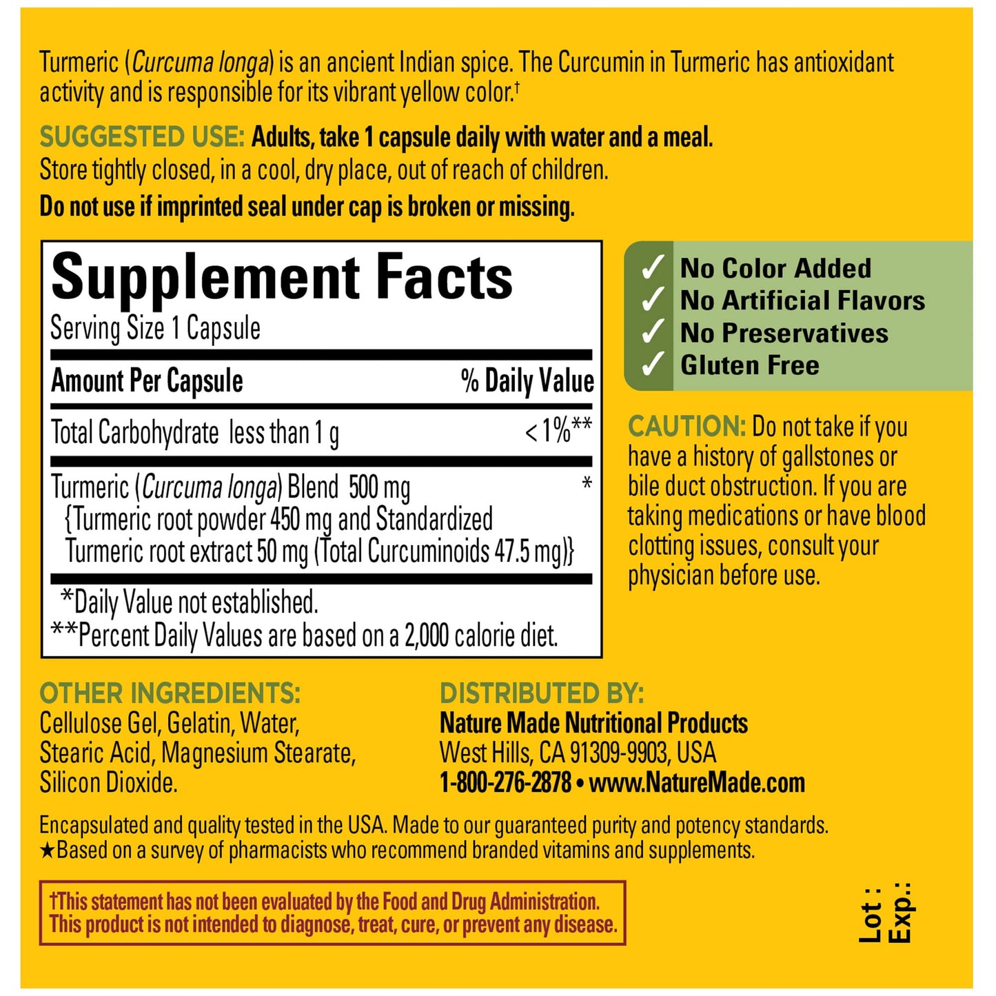 Nature Made Turmeric Curcumin 500 mg, Herbal Supplement for Antioxidant Support, 120 Capsules, 120 Day Supply - Nirvana Guru