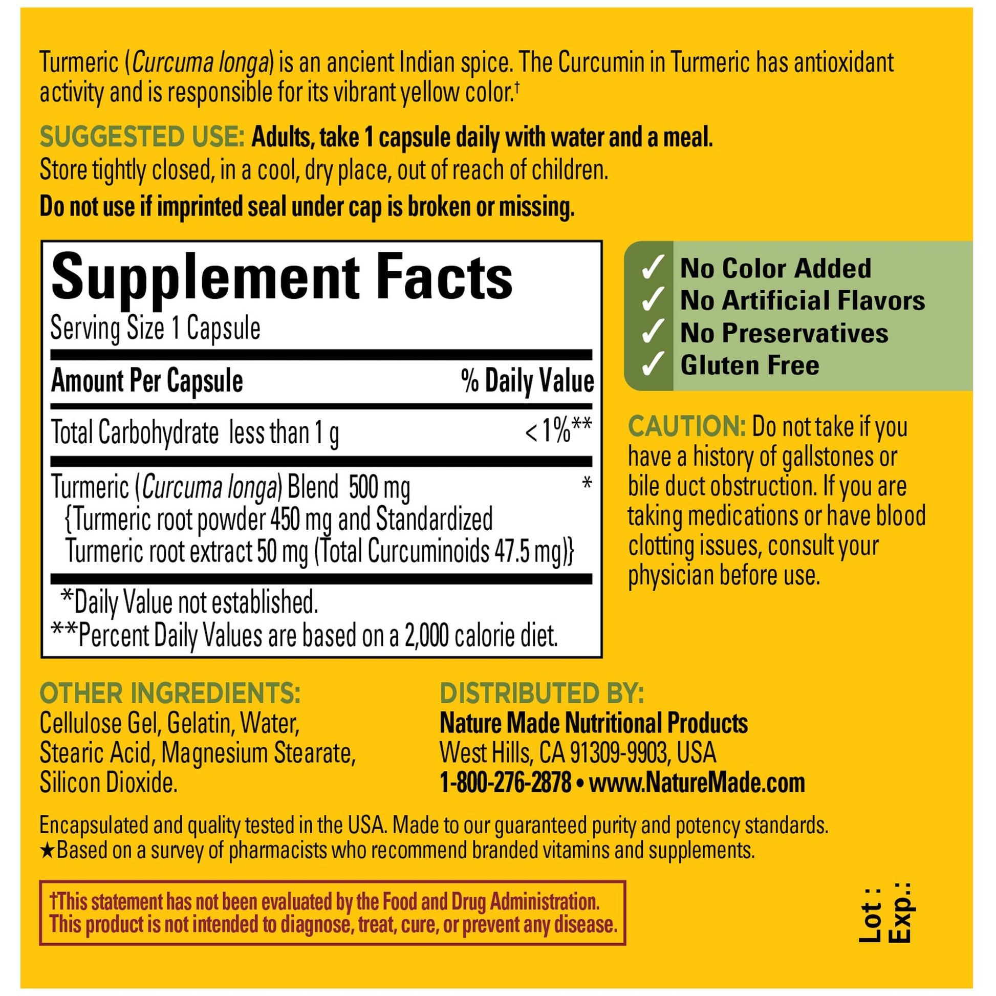 Nature Made Turmeric Curcumin 500 mg, Herbal Supplement for Antioxidant Support, 120 Capsules, 120 Day Supply - Nirvana Guru
