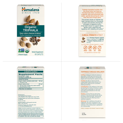 Himalaya Organic Triphala, 2 Month Supply, for Colon Cleanse, Detox & Occasional Constipation, USDA Certified Organic, Non-GMO, Gluten-Free, Extract & Powder Herbal Supplement, 688 mg, 60 Caplets - Nirvana Guru