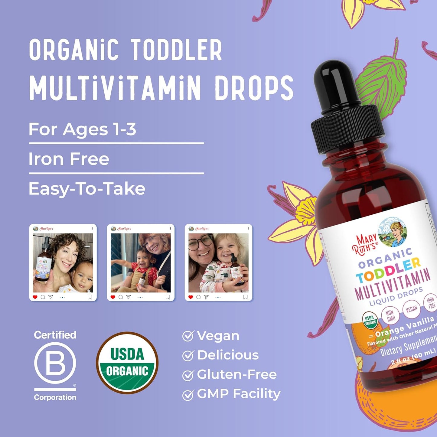 MaryRuth Organics Kids Multivitamin for Toddlers | USDA Organic | Toddler Vitamins Liquid Drops for Kids Ages 1-3 | Toddler Immune Support & Overall Wellness | Vegan | Non-GMO | Gluten Free | 2 Fl Oz - Nirvana Guru