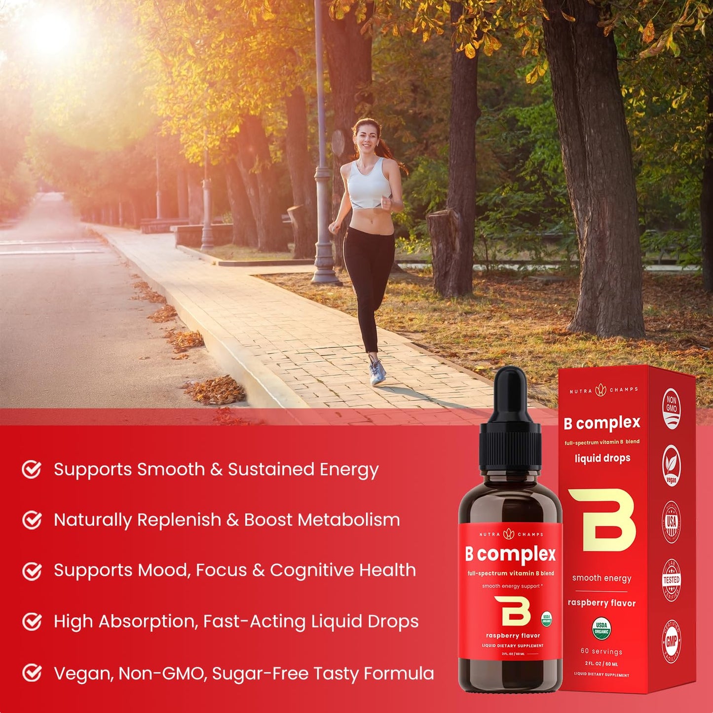 USDA Organic Vitamin B Complex Liquid Drops | B Vitamins Complex Supplement with B1, B2, B3, B6, B7, B9 & Methyl B12 Drops for Adults & Kids | Vegan Berry Flavor 2oz | 60 Servings / 2 Month Supply Nirvana Guru