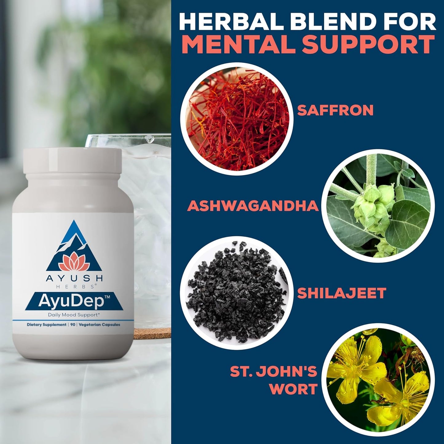 Ayush Herbs AyuDep - Saffron & Ashwagandha Supplements, Uplifting Formula for Women & Men, Herbal Support for Adults - 90 Vegetarian Capsules (1 Count) Nirvana Guru