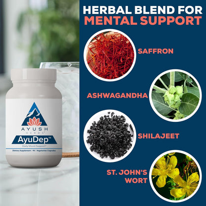 Ayush Herbs AyuDep - Saffron & Ashwagandha Supplements, Uplifting Formula for Women & Men, Herbal Support for Adults - 90 Vegetarian Capsules (1 Count) Nirvana Guru