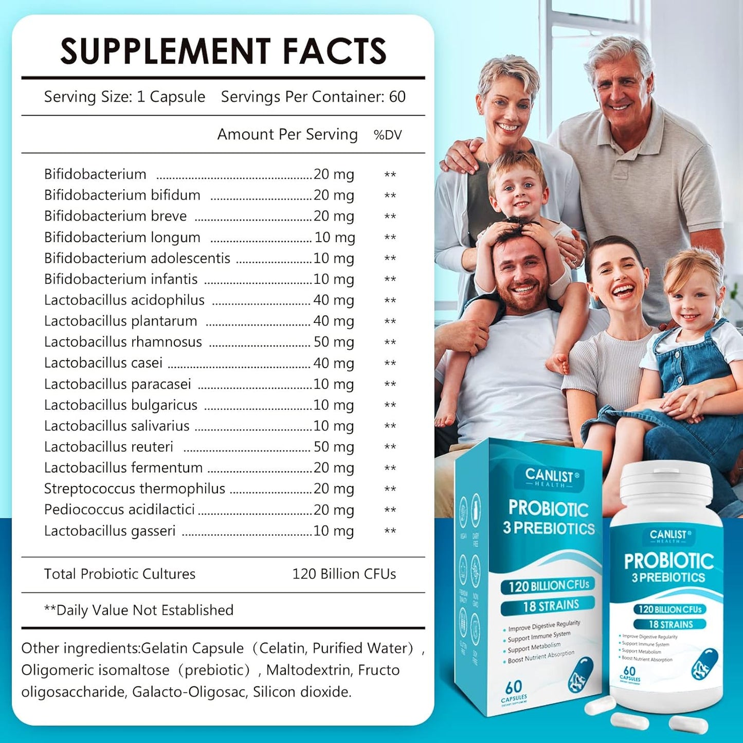 Probiotics 120 Billion CFUs 18 Strains, 3 Prebiotics & Digestive Enzymes for Men Women,Digestive & Immune Support,Shelf Stable Non-GMO 60 Capsules Nirvana Guru