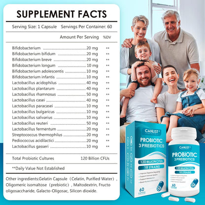 Probiotics 120 Billion CFUs 18 Strains, 3 Prebiotics & Digestive Enzymes for Men Women,Digestive & Immune Support,Shelf Stable Non-GMO 60 Capsules Nirvana Guru