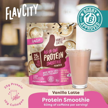 FlavCity Grass Fed Whey Protein Powder - Vanilla Smoothie - 25g Protein & 10g Collagen - Made with Real Vanilla Bean & Organic Coconut Milk - Gluten Free & No Added Sugars (20 Servings)