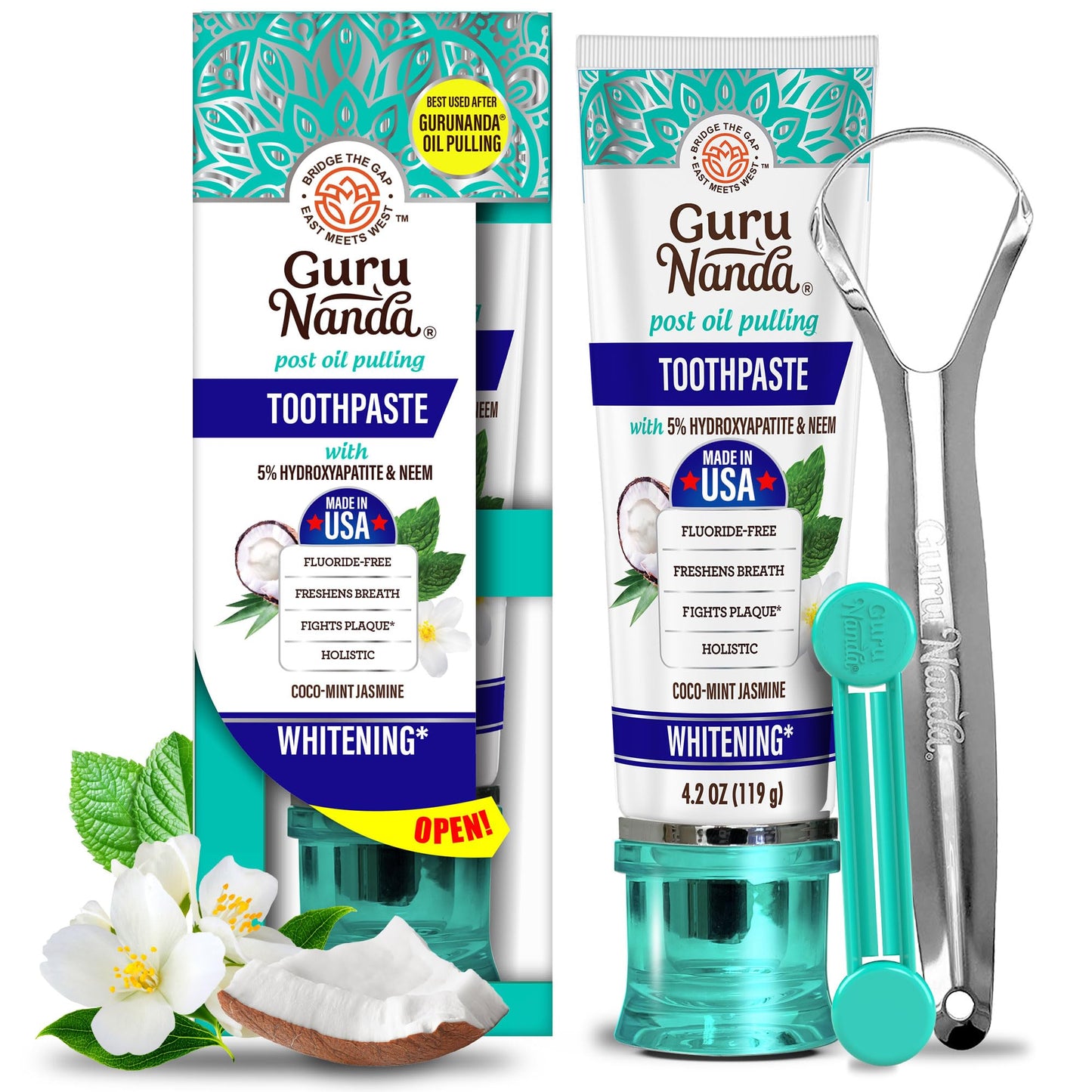 GuruNanda Hydroxyapatite Toothpaste, SLS & Fluoride Free, Whitening Toothpaste - Freshens Breath, Fights Plaque - Natural CocoMint Jasmine Neem, 4.2oz Nirvana Guru
