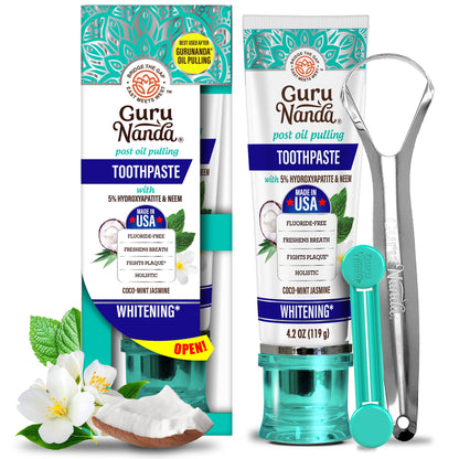 GuruNanda Hydroxyapatite Toothpaste, SLS & Fluoride Free, Whitening Toothpaste - Freshens Breath, Fights Plaque - Natural CocoMint Jasmine Neem, 4.2oz Nirvana Guru