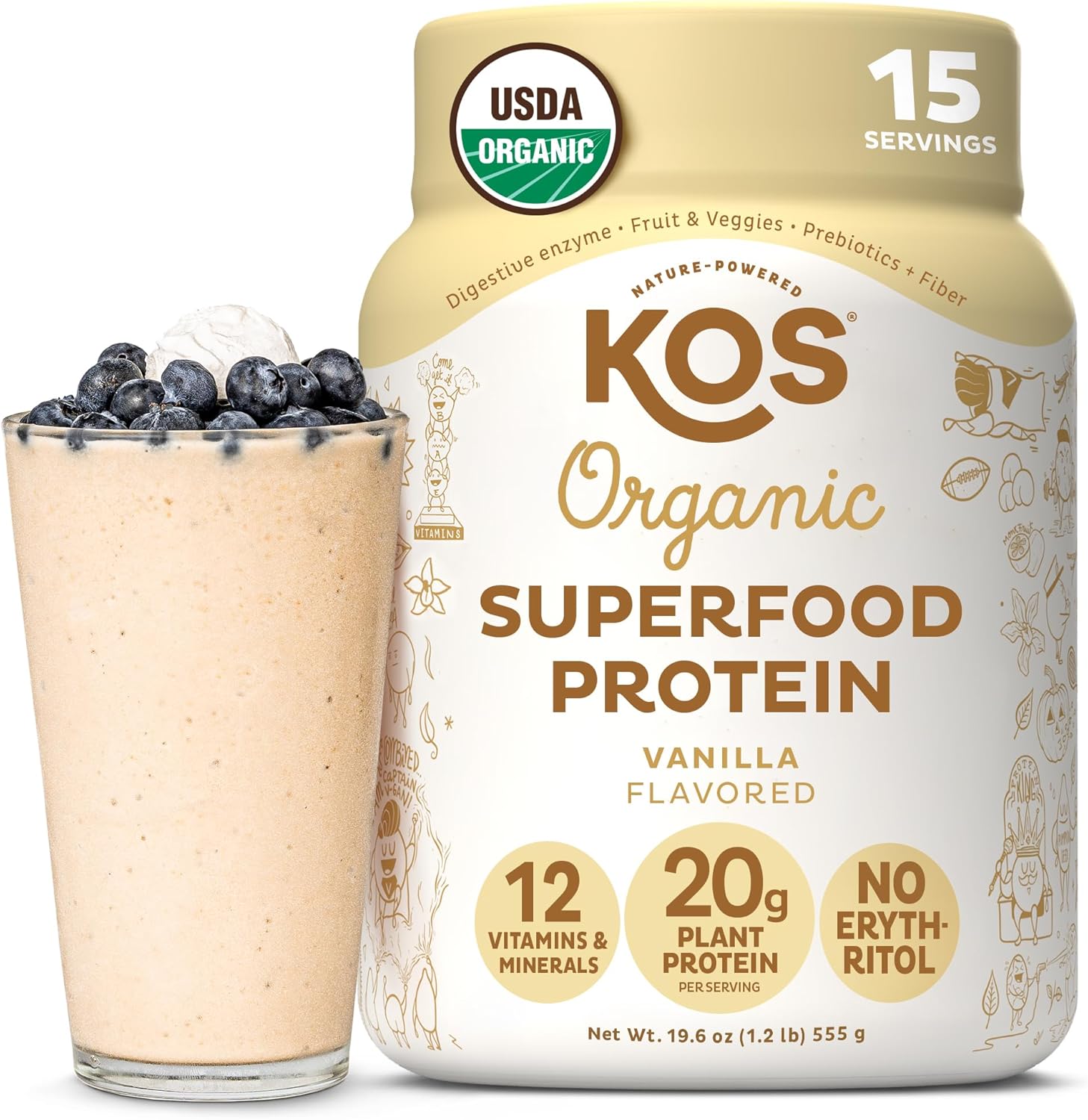 KOS Vegan Protein Powder Erythritol Free, Vanilla - USDA Organic Pea Protein Blend, Plant Based Superfood Rich in Vitamins & Minerals - Keto, Dairy Free - Meal Replacement for Women & Men, 15 Servings - Nirvana Guru