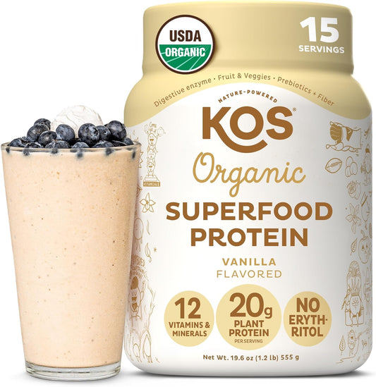 KOS Vegan Protein Powder Erythritol Free, Vanilla - USDA Organic Pea Protein Blend, Plant Based Superfood Rich in Vitamins & Minerals - Keto, Dairy Free - Meal Replacement for Women & Men, 15 Servings - Nirvana Guru