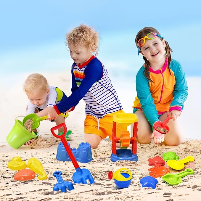 Beach Toys, 19 Piece Sand Toys Set Kids Sandbox Toys Includes Water Wheel Beach Tool Kit Bucket Watering Can Molds with Mesh Bag for Kids Ages 3-13 Nirvana Guru